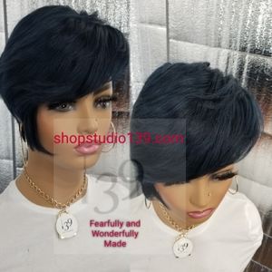 100% human  hair blue pixie wig